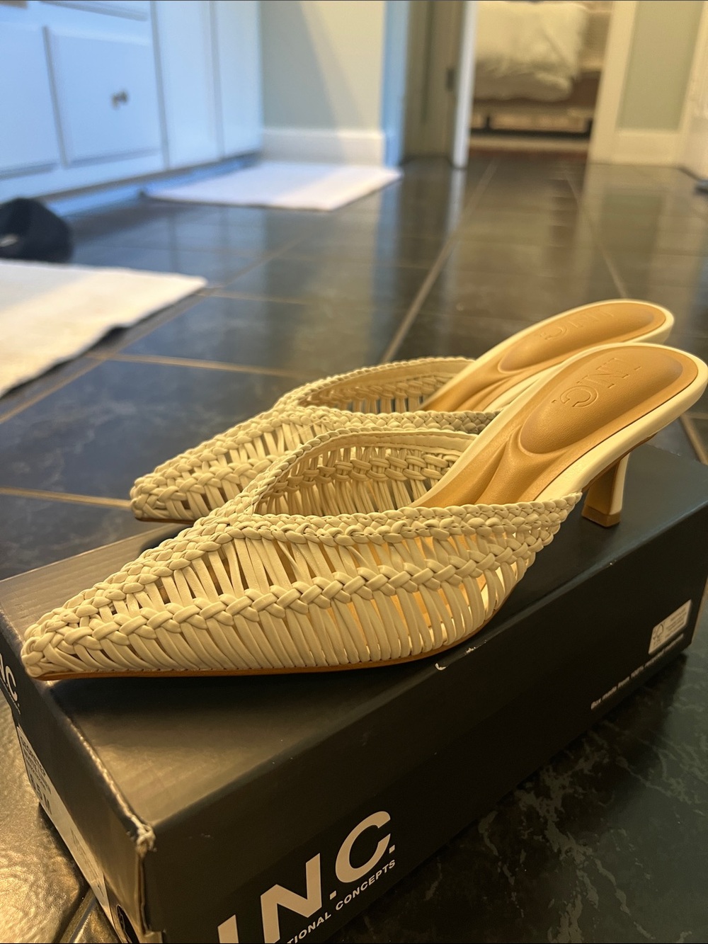 INC Georetep white linen mule sandals. New in box.